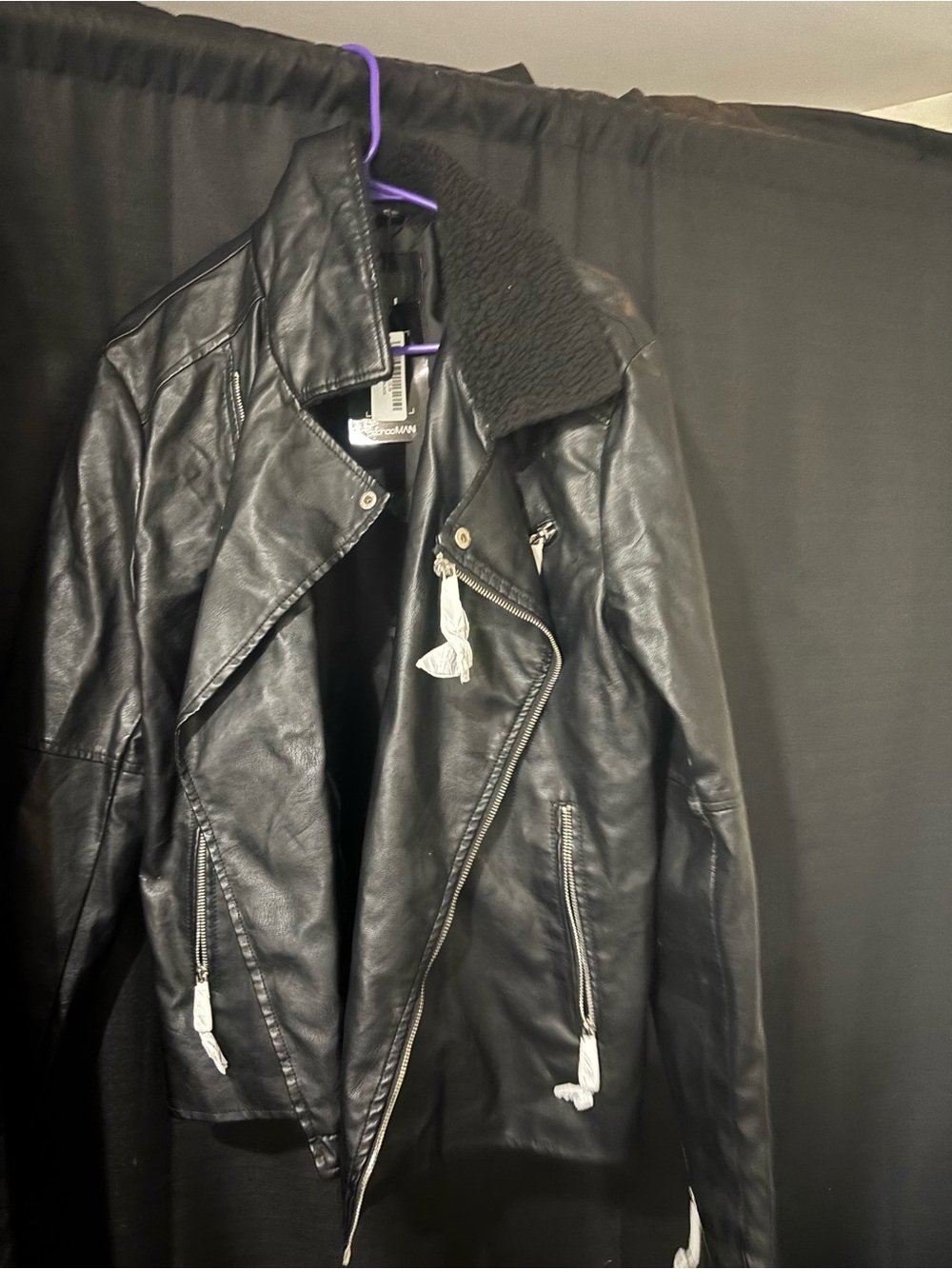 Faux Leather Black Bomber Jacket with Sherpa Collar